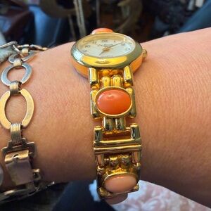 1980's Lee Sands Lady 21mm Watch Goldtone Pink Coral Stones MOP Dial